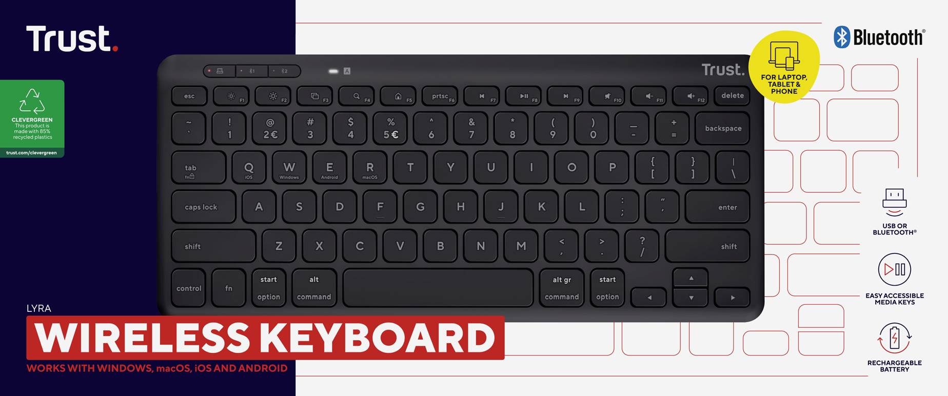 'Drahtlose Tastatur von Trust, Modell Lyra, mit Bluetooth-Unterstützung. Kompatibel mit Windows, macOS, iOS und Android.'