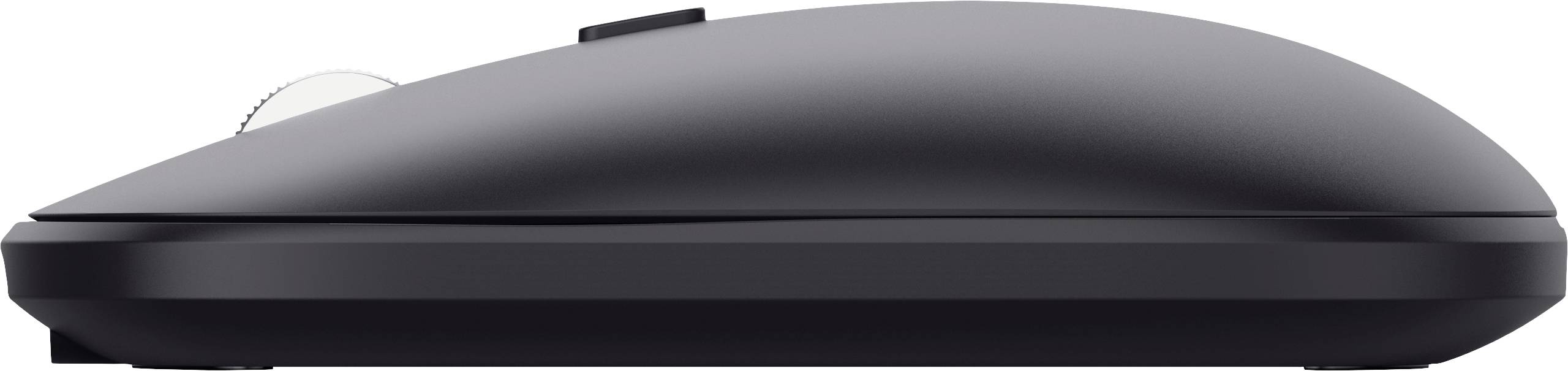 Schwarze Computermouse, seitliche Ansicht, auf ebener Fläche platziert. Enthält ein Scrollrad und zwei Knöpfe, minimalistisch gestaltet.