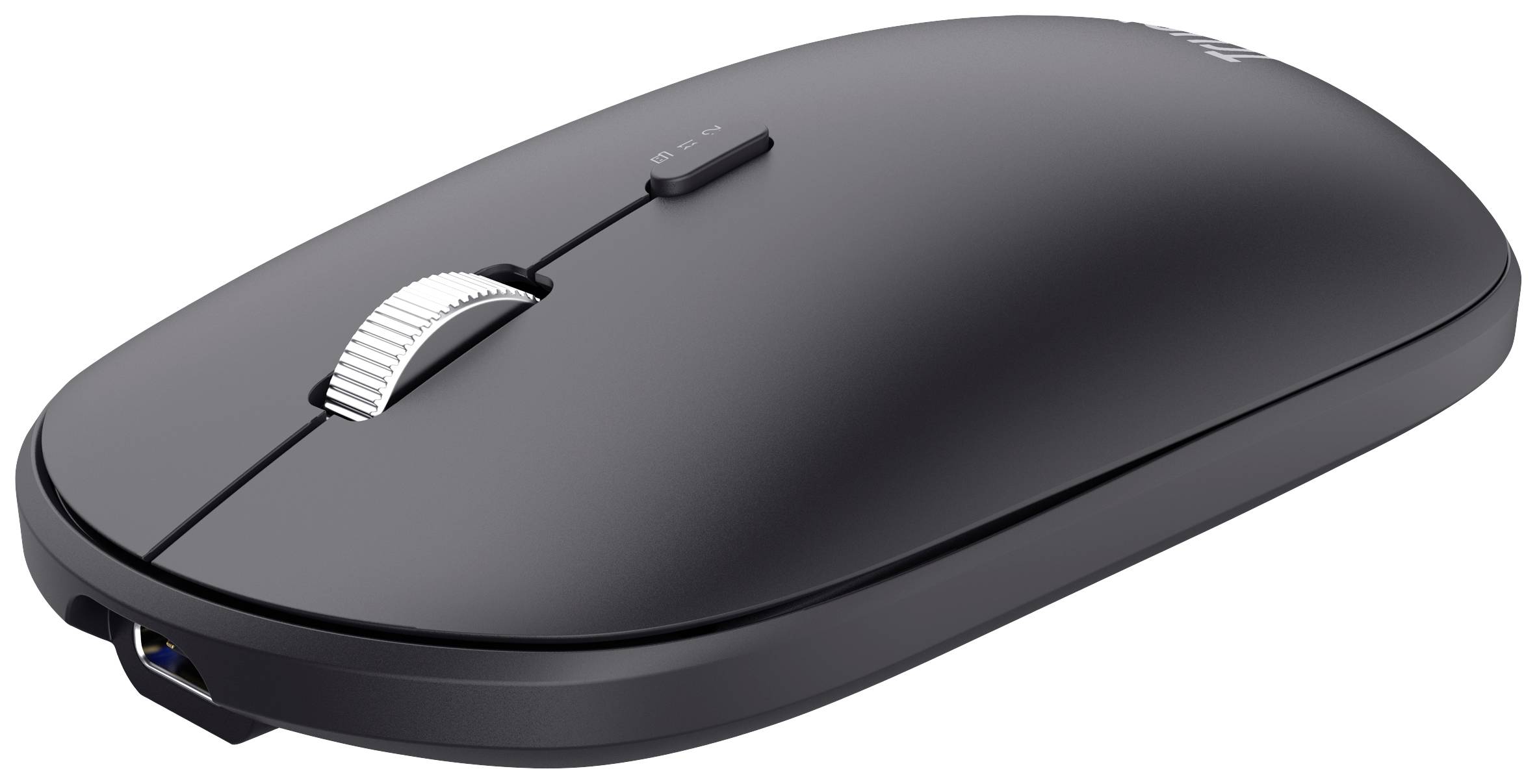 Eine schwarze, kabellose Computermaus mit einem Scrollrad und einem schlanken, modernen Design, leicht schräg dargestellt.