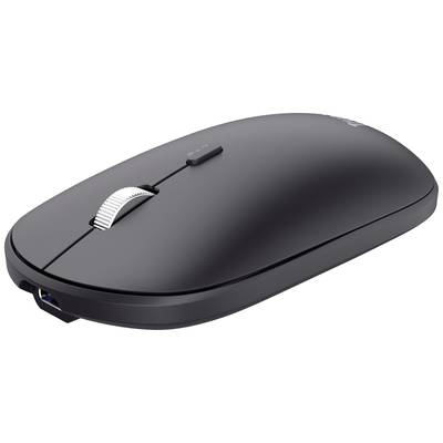 Eine schwarze, kabellose Computermaus mit einem Scrollrad und einem schlanken, modernen Design, leicht schräg dargestellt.