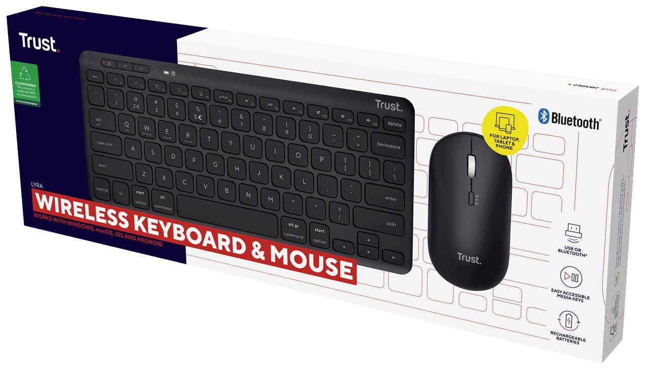 'Trust Wireless Keyboard & Mouse' in schwarzer Verpackung mit Bluetooth-Symbol, minimalistisches Design, schnurlose Verbindung.