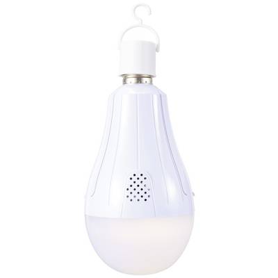 Eine weiße, tragbare LED-Lampe mit Haken und integriertem Lautsprecher, ideal für Camping oder Außenbereiche.
