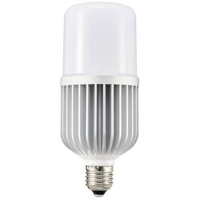 Eine moderne LED-Glühbirne mit silbernem Kühlkörper und E27-Sockel, geeignet für energiesparende Beleuchtung.