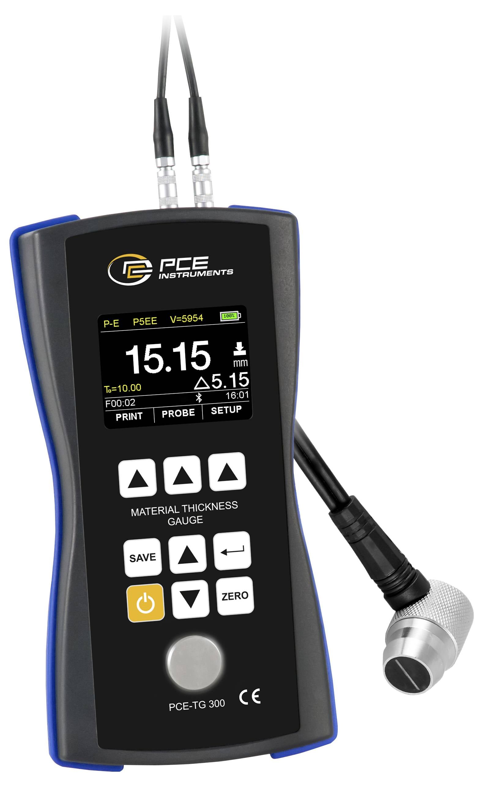 Tragbares PCE-Materialdickenmeßgerät mit Display, das 15,15 anzeigt, mit angebrachter Sonde und Kabel auf weißem Hintergrund.