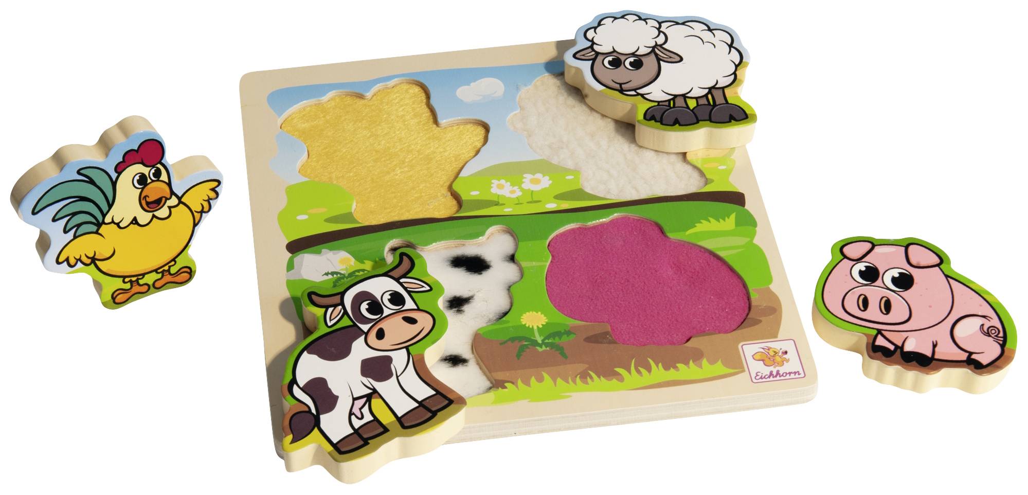 Ein Holzpuzzle mit vier Tieren: Huhn, Schaf, Kuh und Schwein. Jedes Tier hat eine passende Textur im Hintergrund.