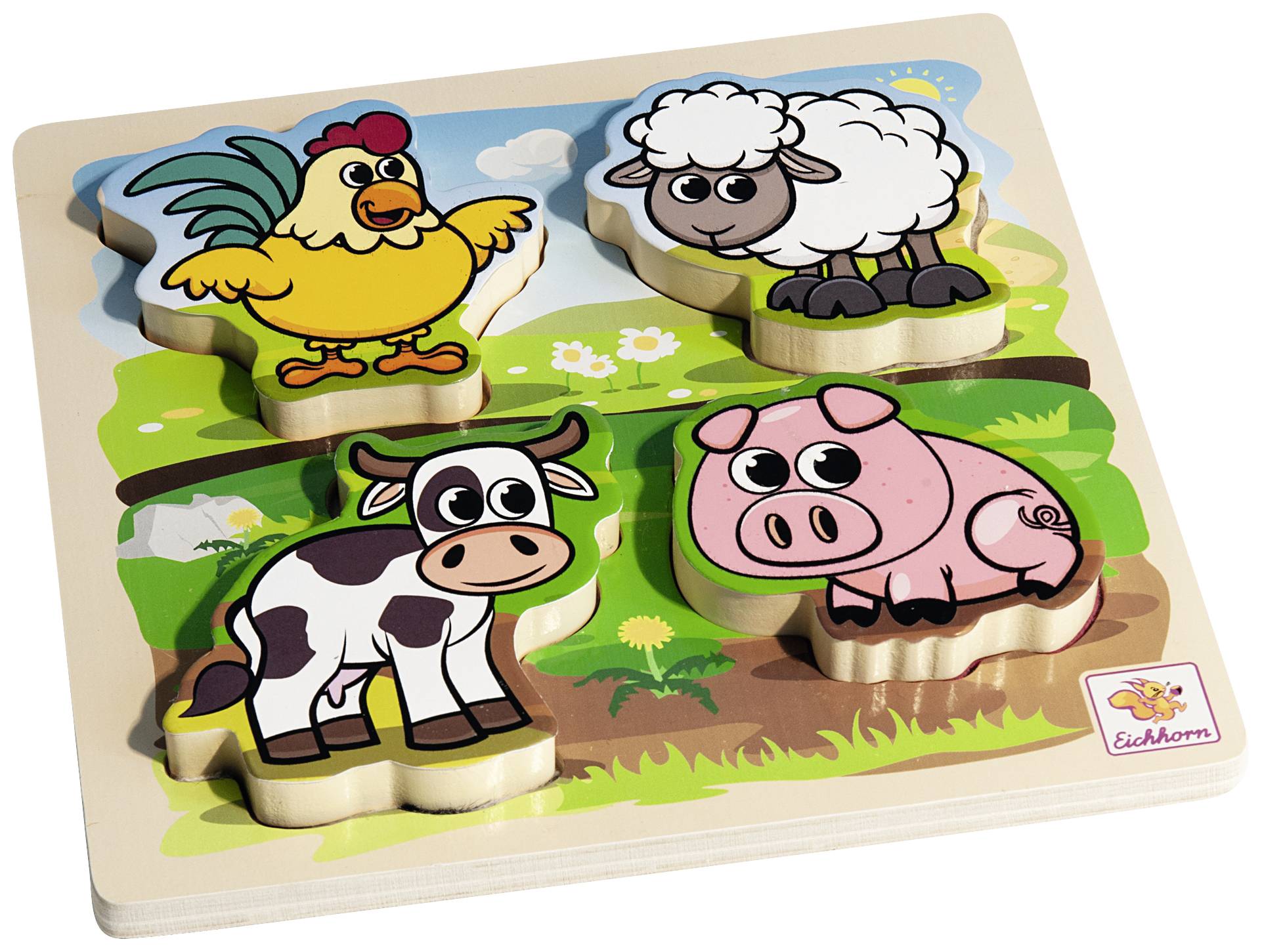 Holzpuzzle mit vier Tieren: Huhn, Schaf, Kuh und Schwein. Jedes Tier ist farbenfroh illustriert und passt in eine eigene Form.