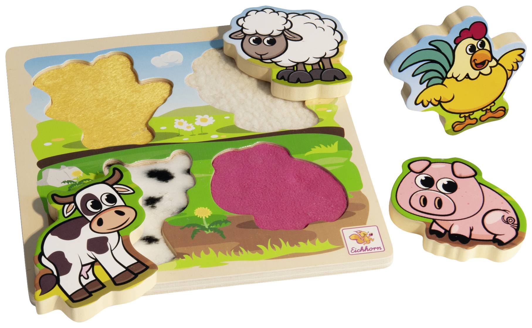 Holzpuzzle für Kinder mit Tierformen: Kuh, Schaf, Schwein und Hahn. Jede Form passt in eine Öffnung mit texturierter Oberfläche.