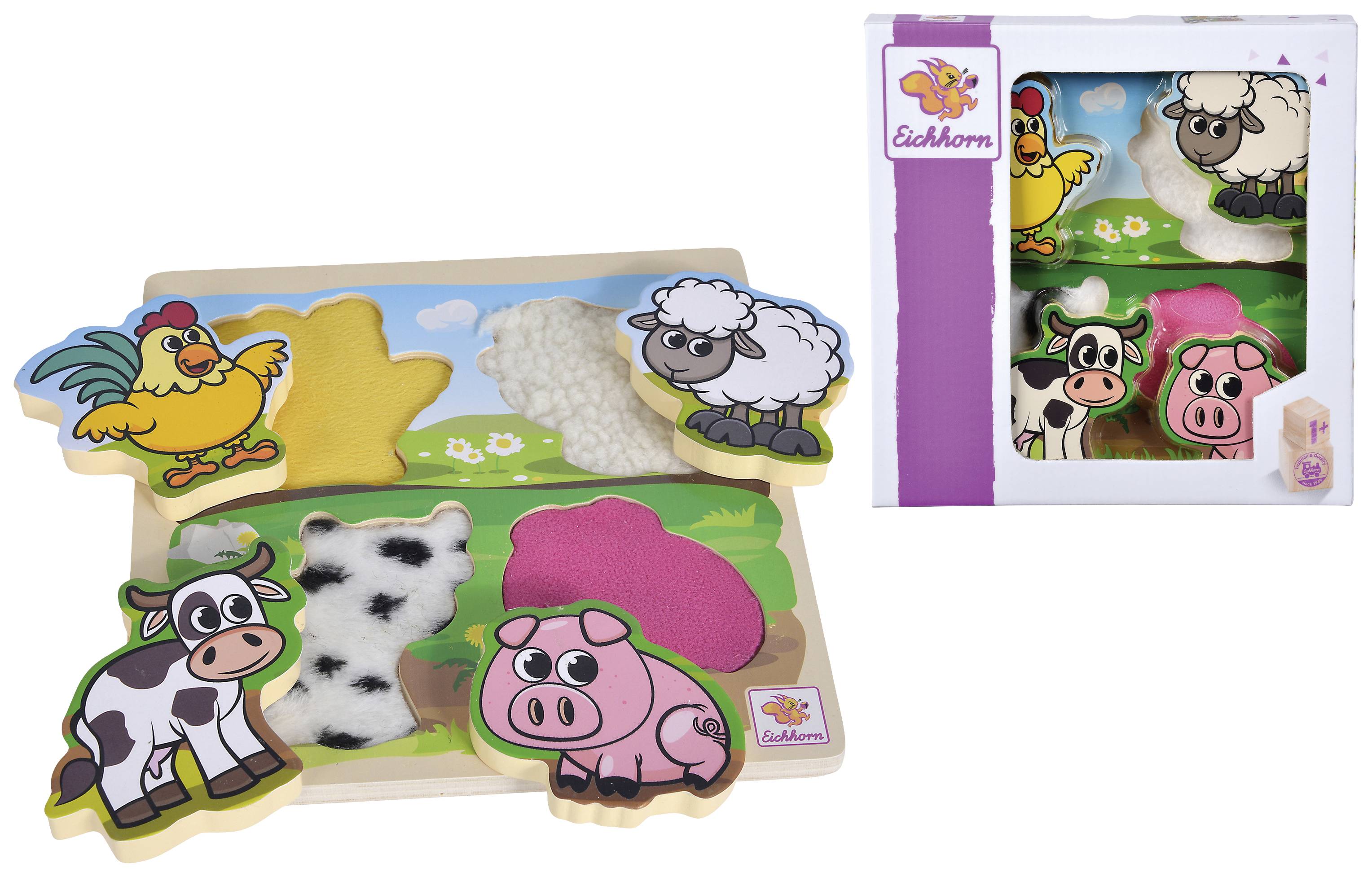 Holzpuzzle von Eichhorn mit verschiedenen Bauernhoftieren: Huhn, Schaf, Kuh, Schwein. Jedes Tier hat eine andere Textur zum Fühlen. Verpackung zeigt Puzzle zusammengebaut.