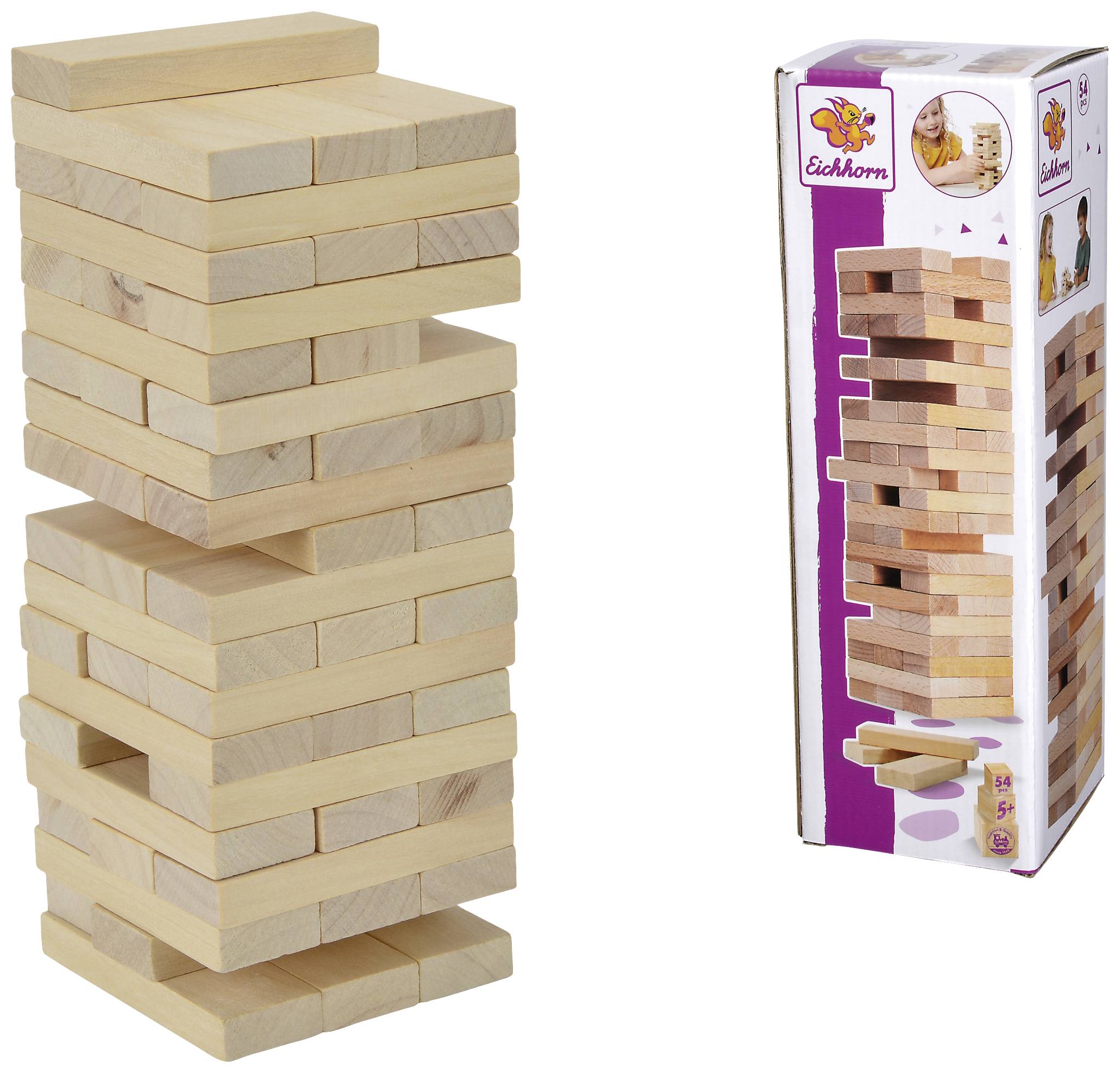 Jenga-Spiel mit gestapelten Holzblöcken und Verpackung. Ziel ist es, Blöcke zu entfernen, ohne den Turm zum Einsturz zu bringen.