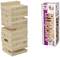 Jenga-Spiel mit gestapelten Holzblöcken und Verpackung. Ziel ist es, Blöcke zu entfernen, ohne den Turm zum Einsturz zu bringen.
