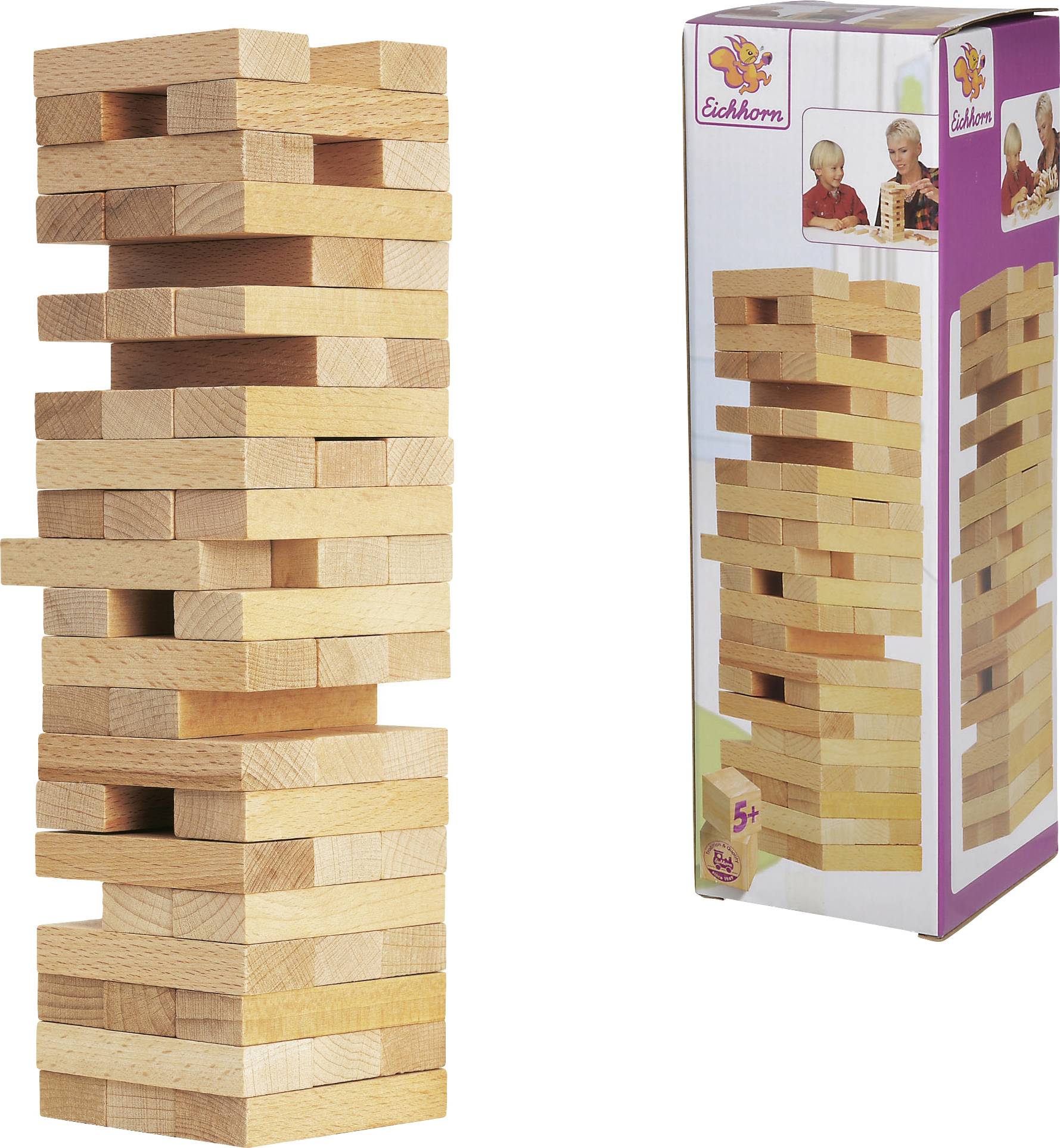 Holzspielzeug Jenga, nebeneinander gestapelte Holzblöcke, neben der Produktverpackung abgebildet.