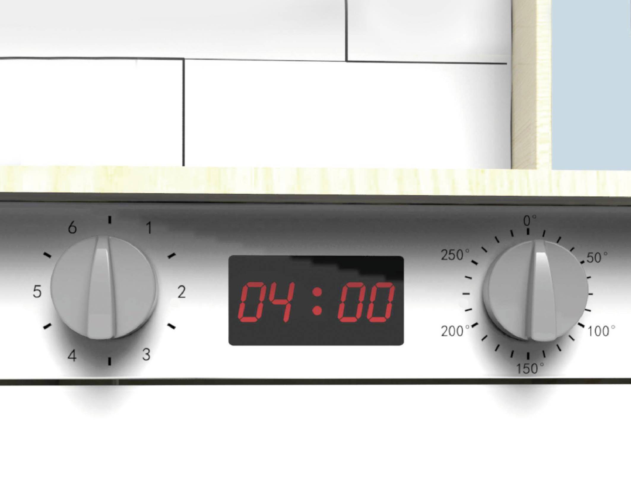 Ansicht eines Ofens mit Ziffernblattanzeigen; Digitalanzeige in der Mitte zeigt '04:00'; linkes Ziffernblatt auf Stufe 6, rechtes auf 200°C.