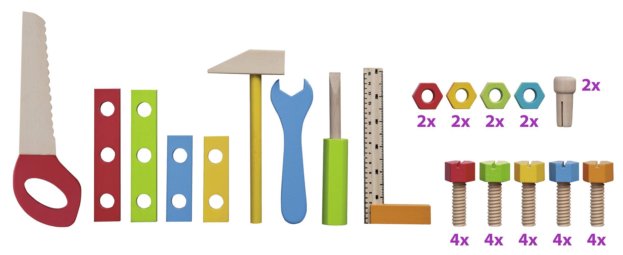 Buntes Holzspielzeug-Set bestehend aus Säge, Schraubenschlüssel, Hammer, Lineal, Schrauben und Muttern in verschiedenen Farben.