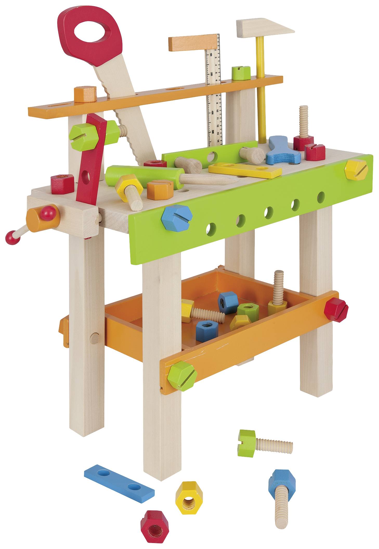 Holzwerkbank für Kinder mit buntem Werkzeug und Schrauben. Enthält Säge, Hammer, Lineal und Schraubenschlüssel. Ideal für kreatives Spielen.