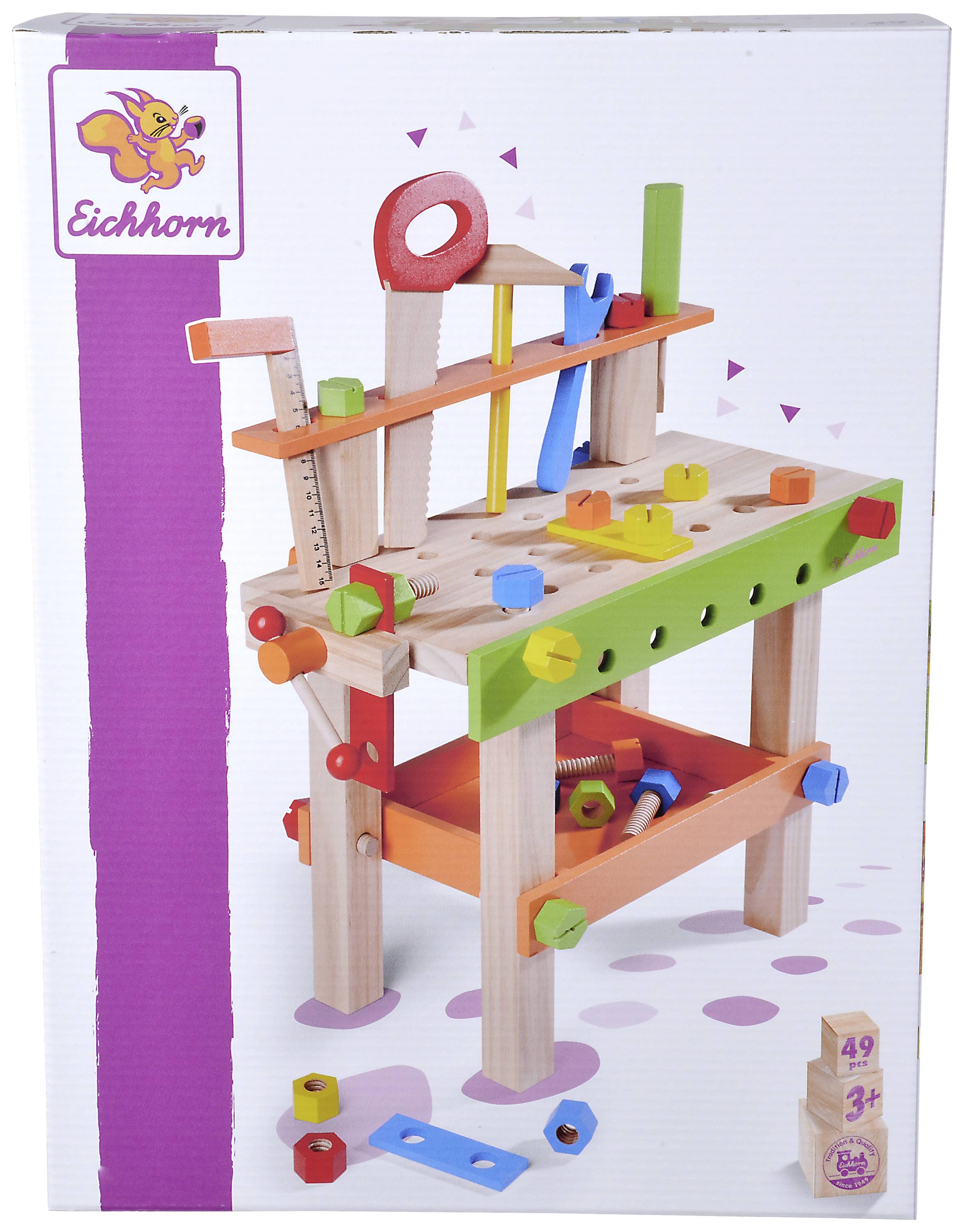 Holzspielzeug-Werkbank-Set für Kinder, enthält Werkzeuge und bunte Teile zum Zusammenbauen und Schrauben. Geeignet ab 3 Jahren.