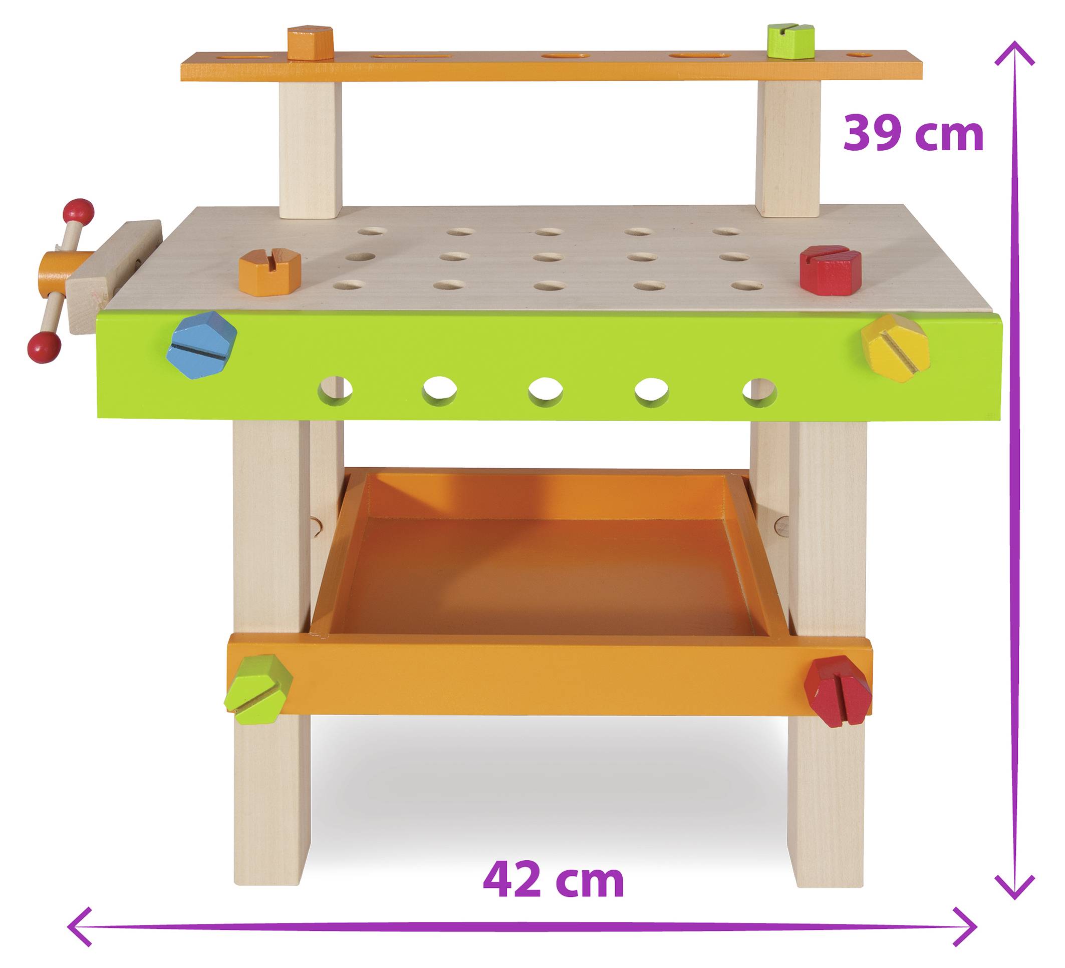 Holzspielzeug-Werkbank mit Schrauben und Werkzeuggriffen. Maße: 39 cm hoch, 42 cm breit. Knöpfe in Rot, Blau, Grün, Gelb, Orange.