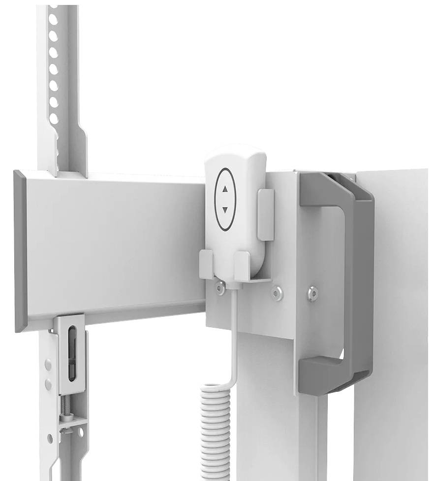 Elektrischer Monitorhalter mit Fernbedienung, montiert an einem höhenverstellbaren Arm, zeigt Auf- und Abwärtspfeile.