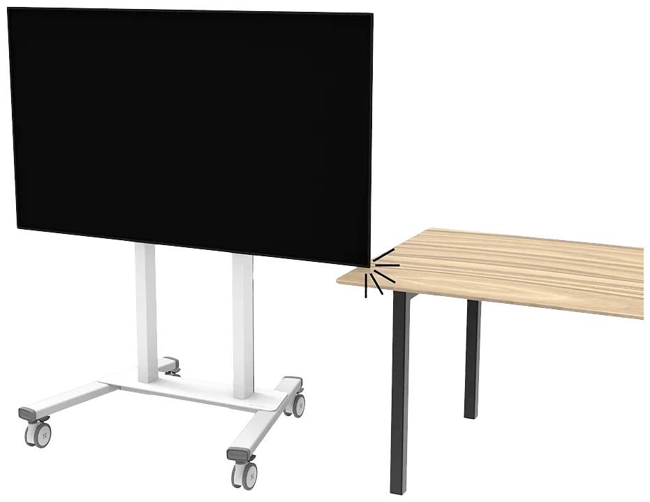 Ein großer schwarzer Bildschirm auf einem weißen rollbaren Ständer steht neben einem Holztisch.