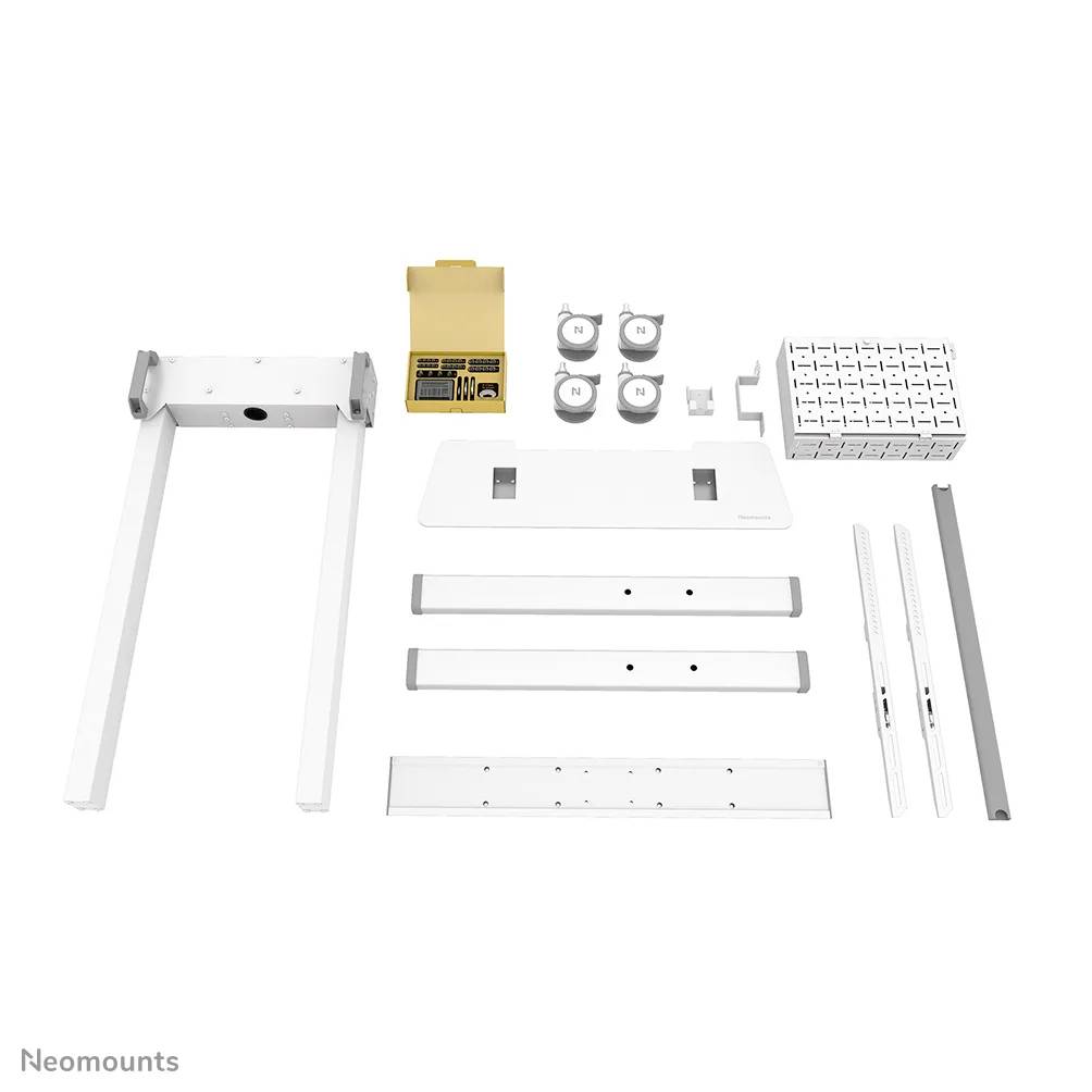 Ein Set von Montagezubehör für einen Bildschirmhalter, bestehend aus Stangen, Schrauben, Kleinteilen und einem Montagewerkzeug.