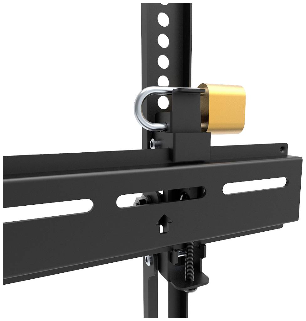 Metallschloss sichert eine schwarze Halterung mit Löchern an einem vertikalen Gestell. Funktion zur Stabilisierung oder Sicherung.