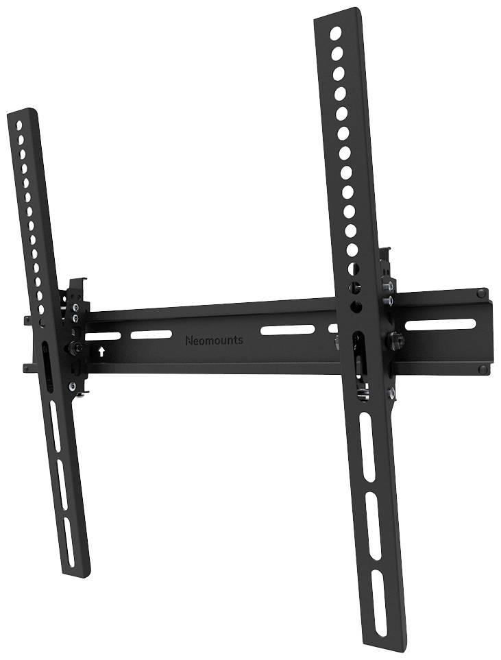 Eine schwarze, verstellbare TV-Wandhalterung mit mehreren Befestigungslöchern. Geeignet für flache Bildschirme.