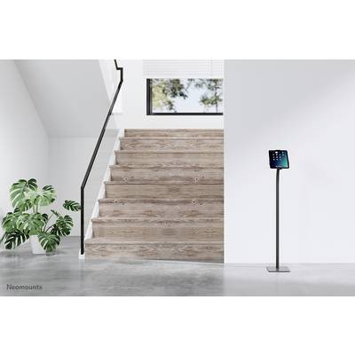Treppe mit Holzstufen im minimalistischen Raum, daneben ein Tablet auf einem Ständer. Große Pflanze links.