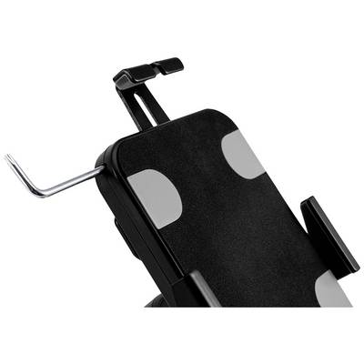 Handyhalterung mit Schraubmechanismus, schwarz mit grauen Details, zeigt eine flexible Halteklammer zur Befestigung an verschiedenen Oberflächen.