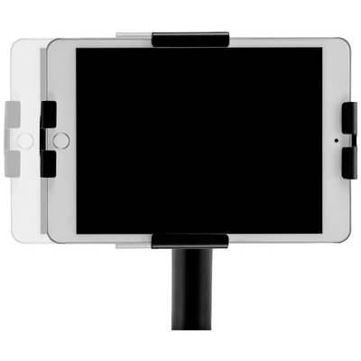 Ein Tablet ist in einer Halterung befestigt, die sowohl horizontale als auch vertikale Ausrichtung ermöglicht. Hintergrund weiß.