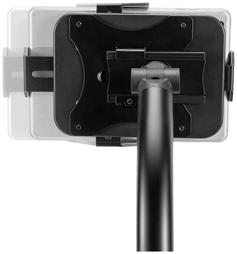 Eine Rückansicht eines Tablet-Halterungssystems mit einem verstellbaren Arm, der an einem schwarzen Ständer befestigt ist.