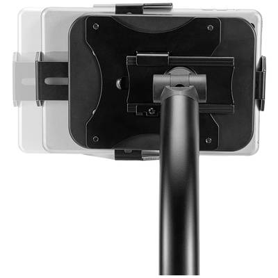 Eine Rückansicht eines Tablet-Halterungssystems mit einem verstellbaren Arm, der an einem schwarzen Ständer befestigt ist.