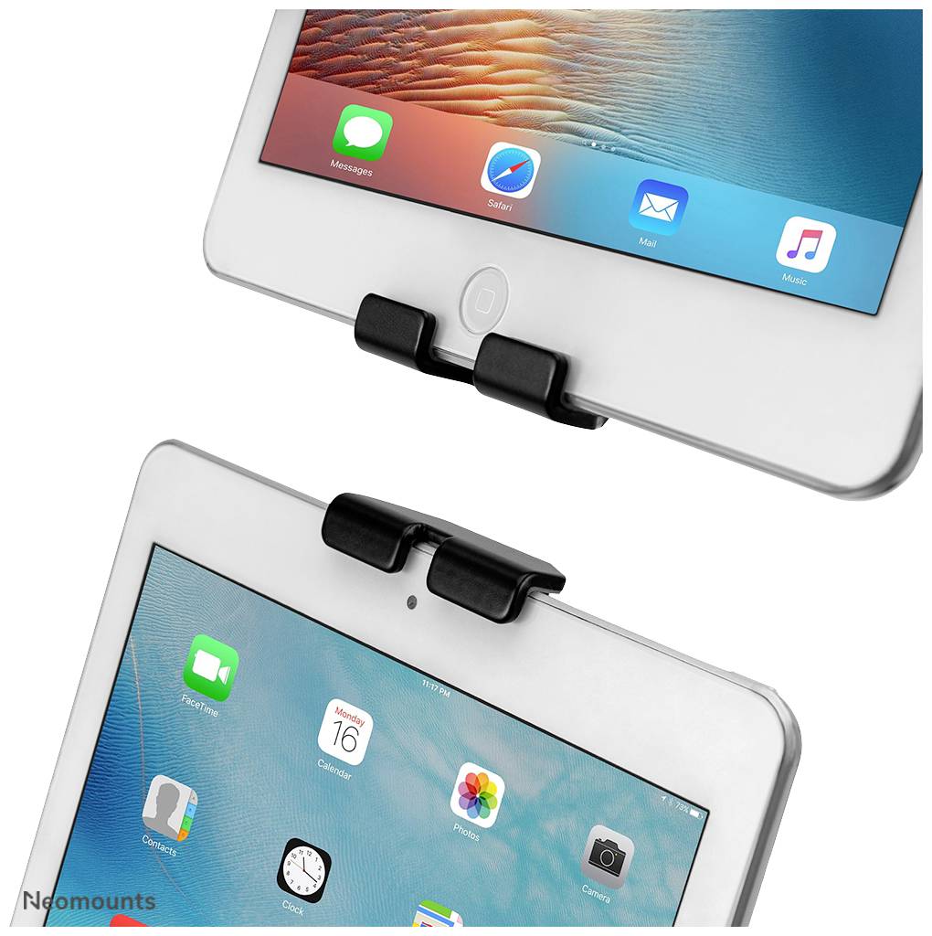 Tablet-Bildschirmschutzhülle mit Clip, auf einem Display mit Apps wie Kalender und Uhr. Obere und untere Ansichten des Clips sind gezeigt.