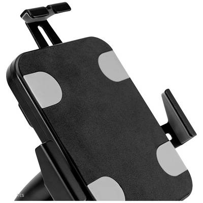 Schwarze, rechteckige Halterung mit grauen Gummipolstern an den Ecken und einstellbaren Klemmen, wahrscheinlich für ein Tablet geeignet.