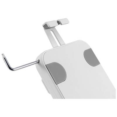 Tablet-Halterung mit Drehfunktion und grauen Gummipolstern für sicheren Halt. Ideal für Präsentationen oder Filmwiedergabe.