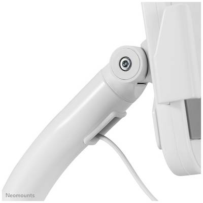 Nahaufnahme eines weißen Monitorarms mit Kabelhalterung. Der Arm kann flexibel bewegt werden.