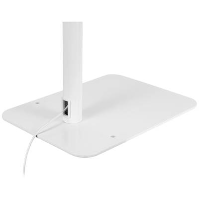Ein weißer Tischfuß mit integrierter Kabeldurchführung, durch die ein weißes Kabel läuft.