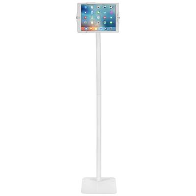 Ein Tablet steht auf einem weißen Ständer. Der Bildschirm zeigt bunte App-Symbole. Der Ständer ist schlank und hoch.
