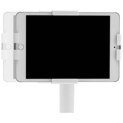 Ein weißes Tablet ist in einer Halterung befestigt, die seine Drehbarkeit zeigt. Das Display ist ausgeschaltet und reflektiert Licht.