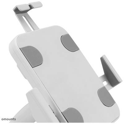 Ein Halter für Tablets oder Smartphones mit verstellbaren Klemmen, geeignet für verschiedene Gerätegrößen, auf einem weißen Hintergrund.