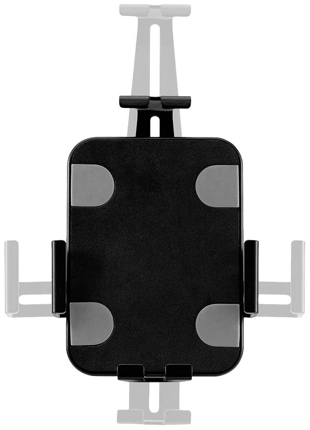 Schwarzer Handyhalter mit verstellbaren Armen und rutschfesten Polstern zur stabilen Befestigung von Geräten.