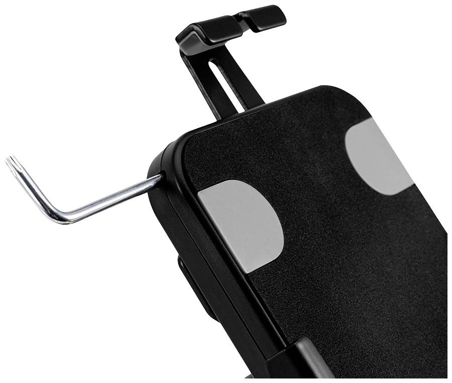 Ein schwarzer Handyhalter mit anpassbaren Seitenklammern und einem Metallstift zur Befestigung, gezeigt aus einer diagonalen Perspektive.