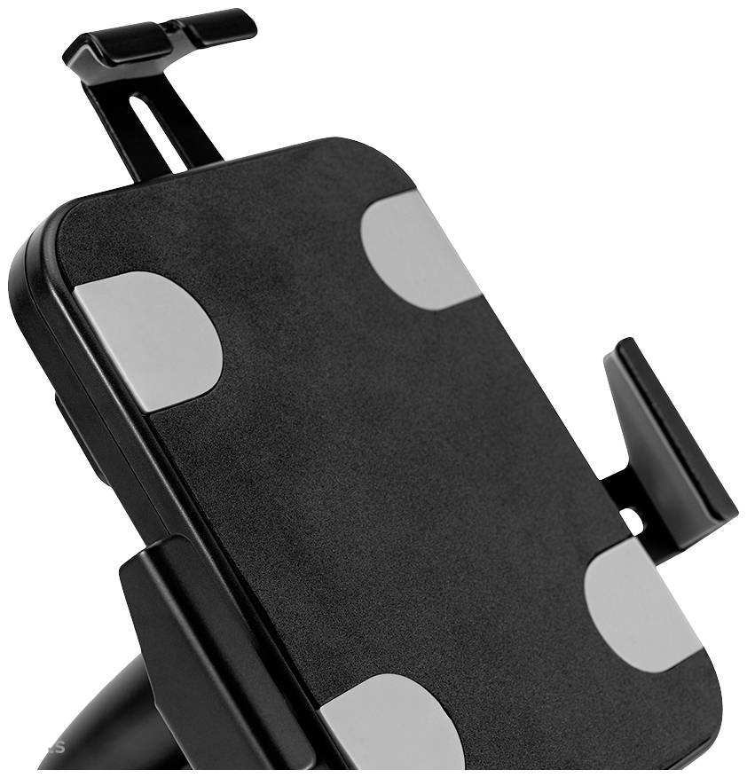 Schwarze Smartphone-Halterung mit vier grauen Pads an den Ecken und einstellbaren Klemmen an den Seiten, aufrecht positioniert.