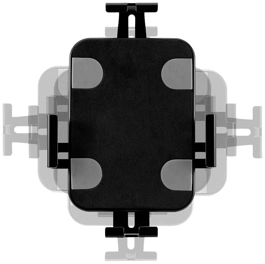 Eine schwarze, rechteckige Halterung mit vier verstellbaren Klemmen in symmetrischer Anordnung, auf weißem Hintergrund dargestellt.