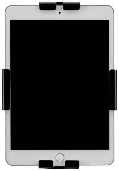Ein Tablet mit schwarzem Bildschirm, befestigt in einer Halterung, frontal abgebildet.