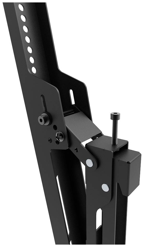 'Nahaufnahme eines schwarzen, verstellbaren Metallständers mit Löchern und Schrauben. Dient zur Höhenanpassung von befestigten Objekten.'