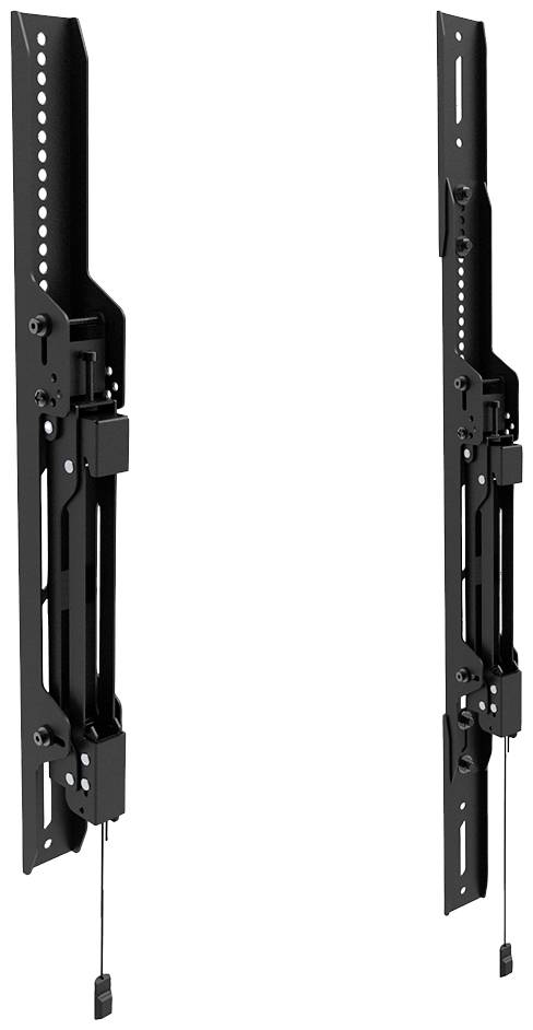 Zwei schwarze vertikale TV-Wandhalterungen mit einstellbarer Höhe und Kabelzugmechanismus, geeignet für flache Bildschirme.