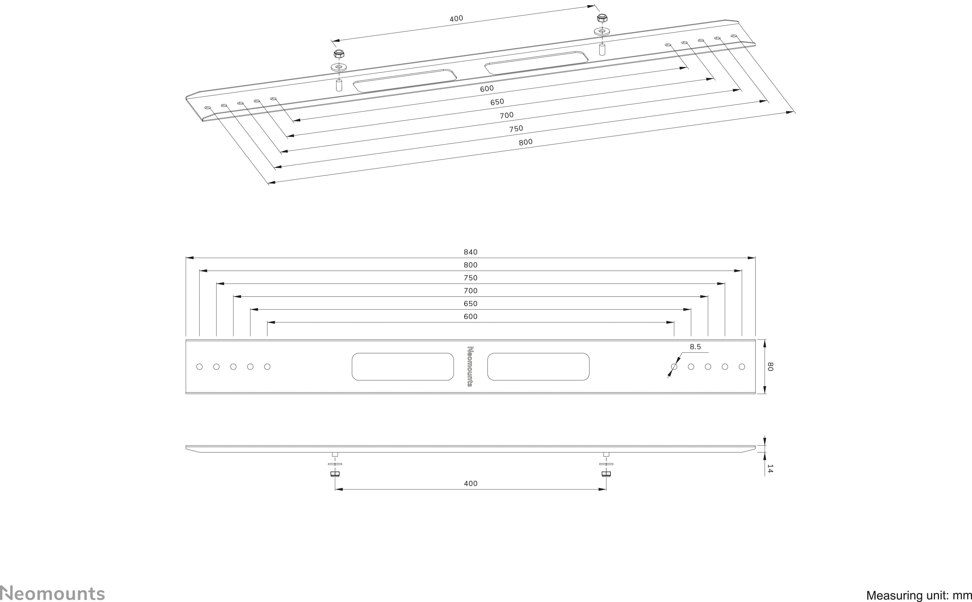 Technische Zeichnung einer Halterung mit genauen Maßen in Millimetern. Oben Draufsicht, unten Seitenansicht. Breite bis 850 mm.