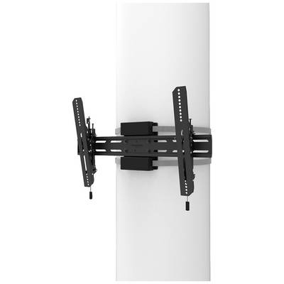 Schwarze, verstellbare TV-Wandhalterung an einer weißen Wand montiert, geeignet für flache Bildschirme, mit Neigungsoption.