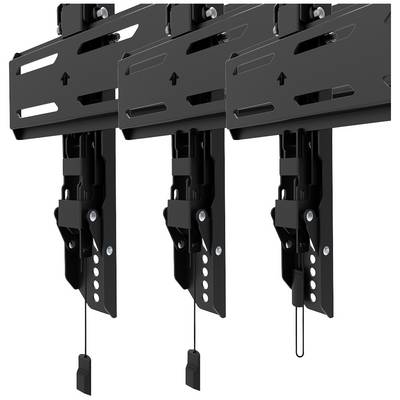 Nahaufnahme dreier Montagehalterungen mit schwarzen Adapterplatten und verstellbaren Aufhängesystemen, geeignet für vertikale Installationen.