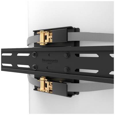 'Neomounts SELECT TV-Halterung, befestigt an einer Wand, zeigt schwarze Metallstreben mit goldenen Elementen und grauen Riemen.'