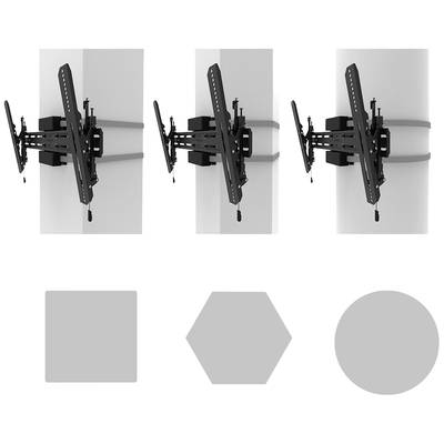 Drei mechanische Arme an einer Wand montiert, zeigen unterschiedliche Neigungswinkel. Darunter befinden sich drei graue Formen: Fünfeck, Hexagon, Kreis.